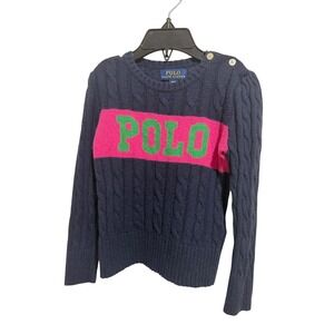 Polo Ralph Lauren Sweater Kids 3/3T Navy Cable Knit Wool Blend Logo Pullover